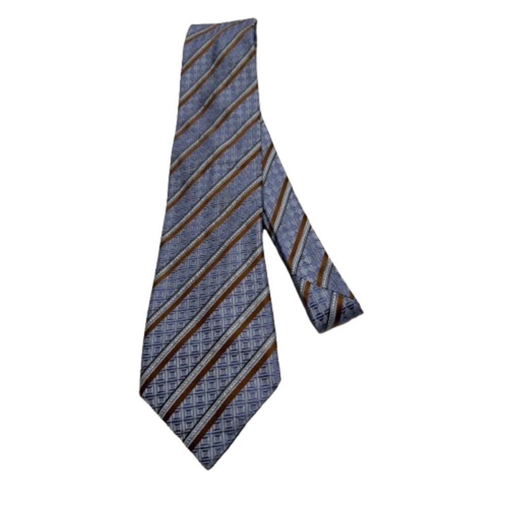 CANALI Men's Geometric Silk Tie 59" x 3.5" Blue Gold White Striped Made In Italy
